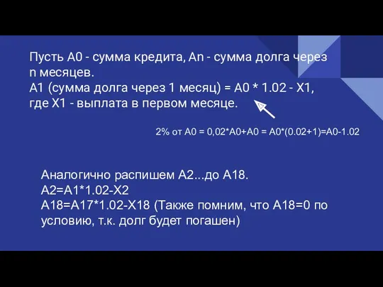 Пусть A0 - сумма кредита, An - сумма долга через