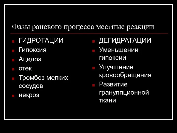 Фазы раневого процесса местные реакции ГИДРОТАЦИИ Гипоксия Ацидоз отек Тромбоз