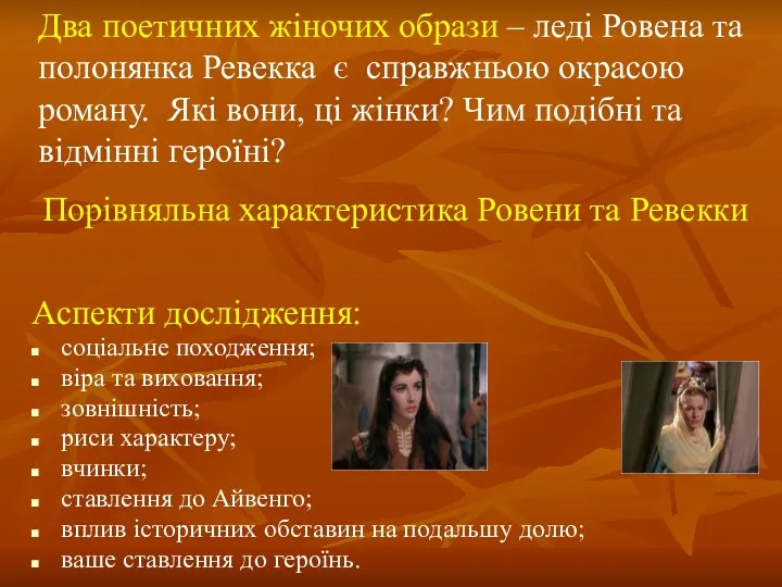 Аспекти дослідження: соціальне походження; віра та виховання; зовнішність; риси характеру;