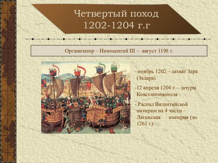 Четвертый поход 1202-1204 г.г Организатор – Иннокентий III – август