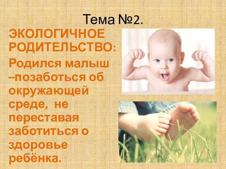 Тема №2. ЭКОЛОГИЧНОЕ РОДИТЕЛЬСТВО: Родился малыш –позаботься об окружающей среде, не переставая заботиться о здоровье ребёнка.