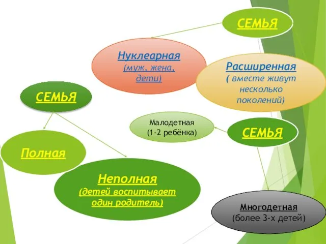 СЕМЬЯ Неполная (детей воспитывает один родитель) Полная СЕМЬЯ Нуклеарная (муж, жена, дети) Расширенная