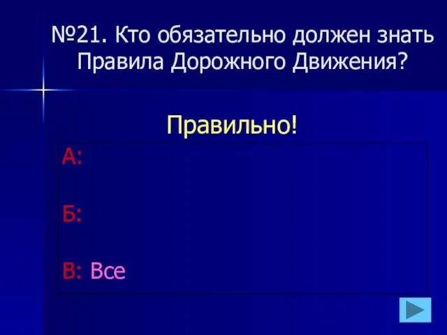 №21. Кто обязательно должен знать Правила Дорожного Движения? А: Б: В: Все Правильно!