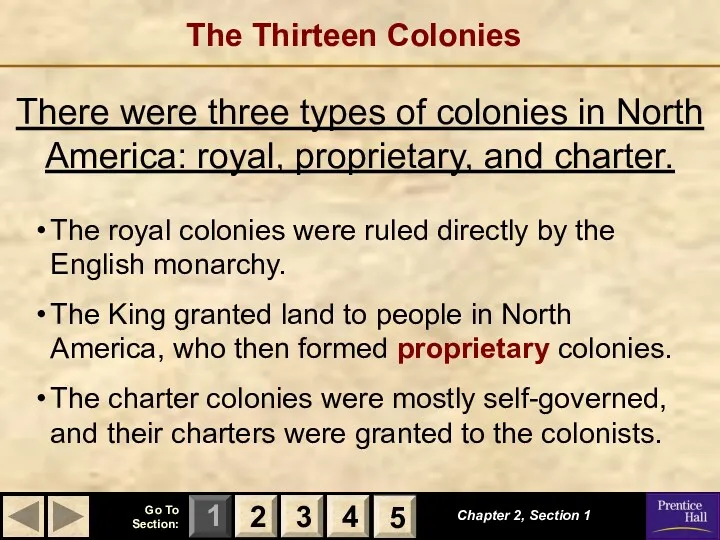 The Thirteen Colonies Chapter 2, Section 1 There were three types of colonies
