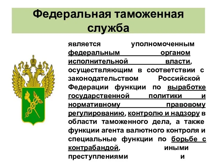 Федеральная таможенная служба является уполномоченным федеральным органом исполнительной власти, осуществляющим в соответствии с