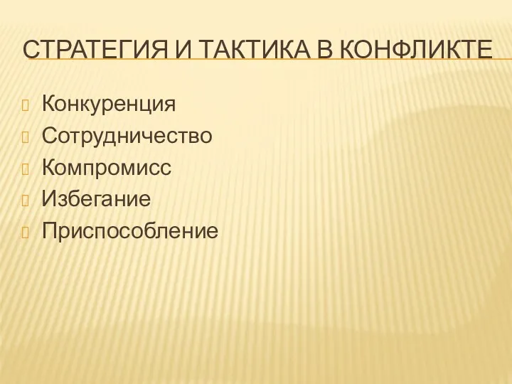 СТРАТЕГИЯ И ТАКТИКА В КОНФЛИКТЕ Конкуренция Сотрудничество Компромисс Избегание Приспособление