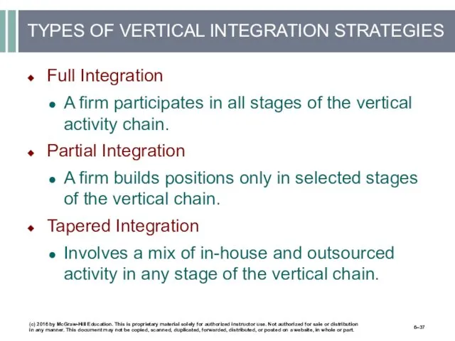 TYPES OF VERTICAL INTEGRATION STRATEGIES Full Integration A firm participates in all stages