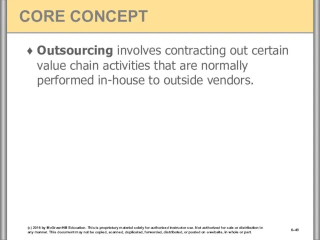 Outsourcing involves contracting out certain value chain activities that are normally performed in-house