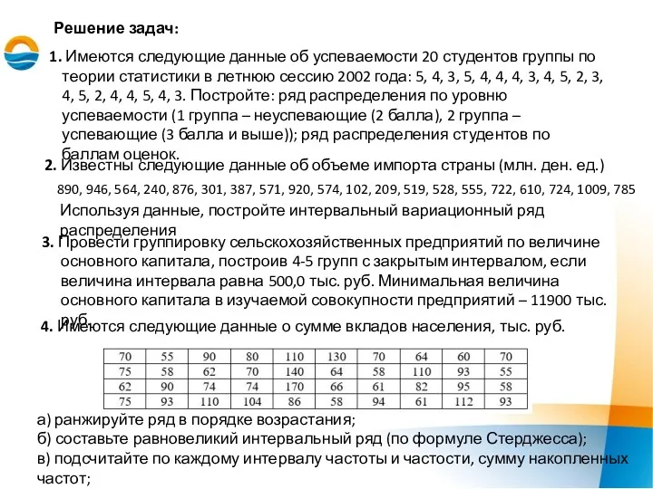 Решение задач: 1. Имеются следующие данные об успеваемости 20 студентов