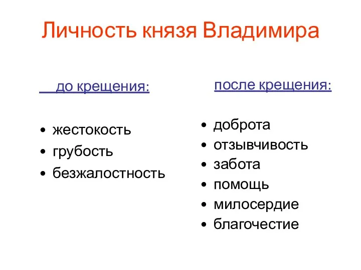 Личность князя Владимира до крещения: жестокость грубость безжалостность после крещения: доброта отзывчивость забота помощь милосердие благочестие