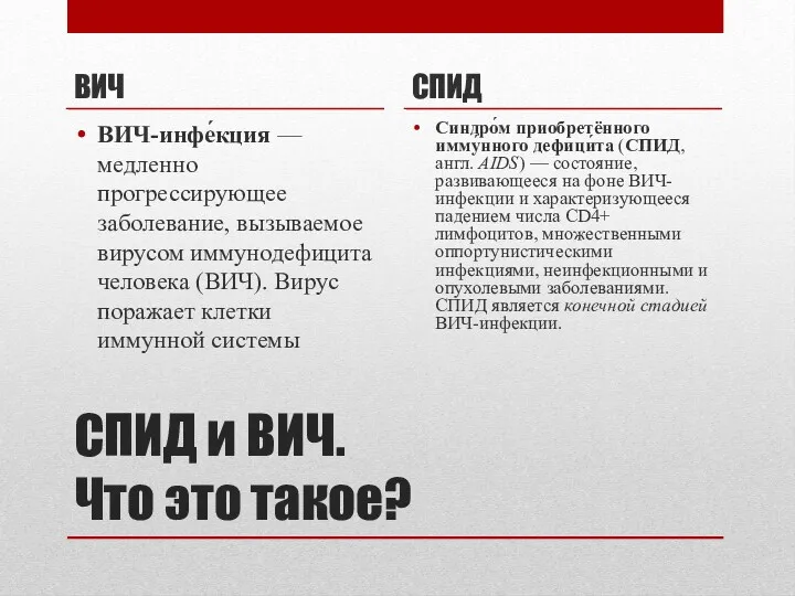 СПИД и ВИЧ. Что это такое? ВИЧ ВИЧ-инфе́кция — медленно