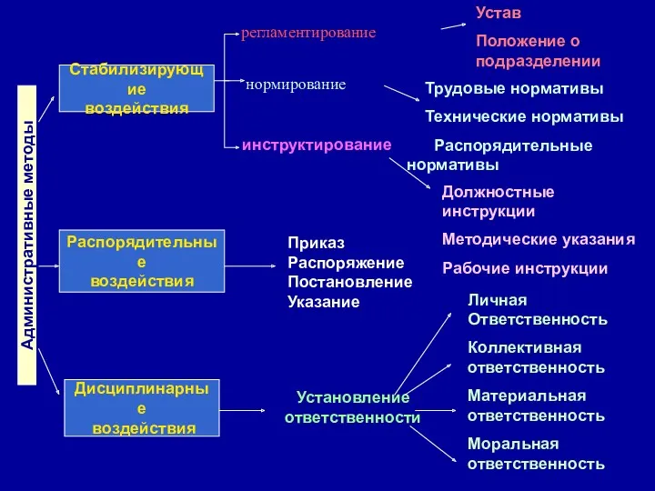 Стабилизирующие воздействия Распорядительные воздействия Дисциплинарные воздействия Административные методы регламентирование нормирование