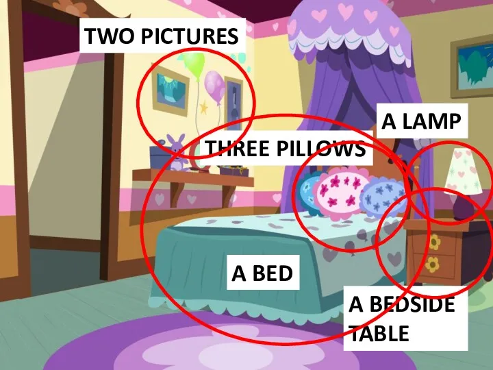 A BED A LAMP TWO PICTURES A BEDSIDE TABLE THREE PILLOWS