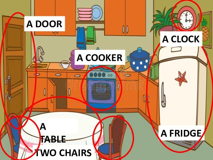 A TABLE A FRIDGE A CLOCK A COOKER A DOOR TWO CHAIRS