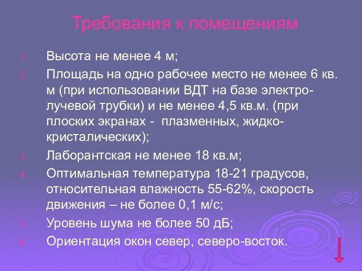 Требования к помещениям Высота не менее 4 м; Площадь на