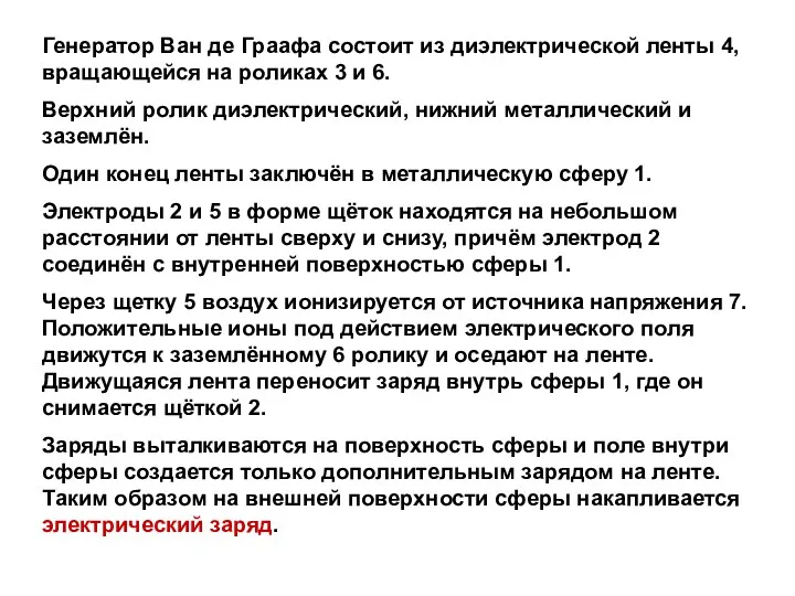 Генератор Ван де Граафа состоит из диэлектрической ленты 4, вращающейся на роликах 3