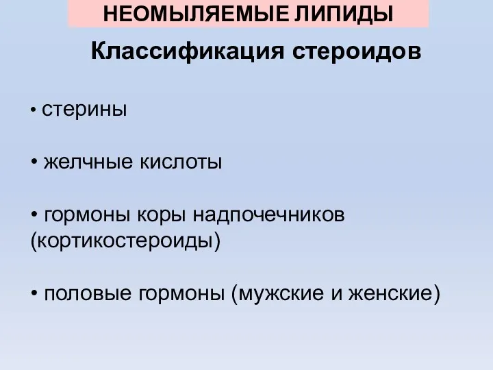 Классификация стероидов • стерины • желчные кислоты • гормоны коры