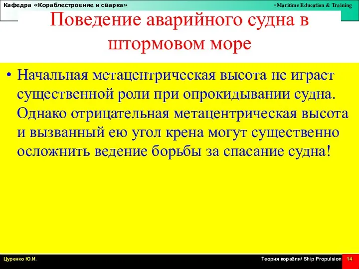 Поведение аварийного судна в штормовом море Начальная метацентрическая высота не