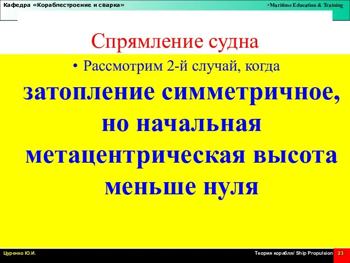 Спрямление судна Рассмотрим 2-й случай, когда затопление симметричное, но начальная метацентрическая высота меньше нуля