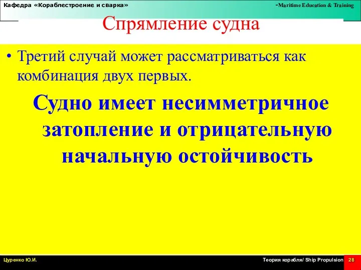 Спрямление судна Третий случай может рассматриваться как комбинация двух первых.