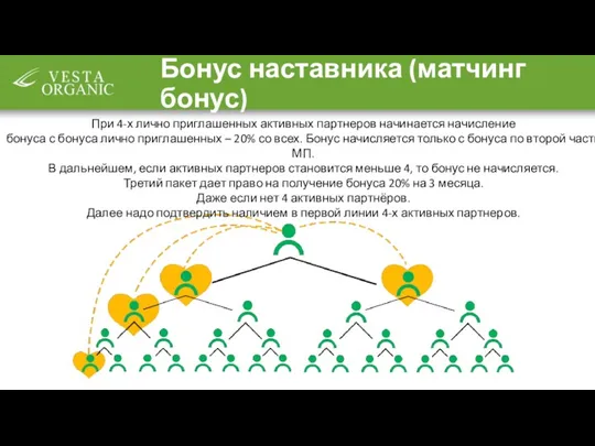 Бонус наставника (матчинг бонус) При 4-х лично приглашенных активных партнеров