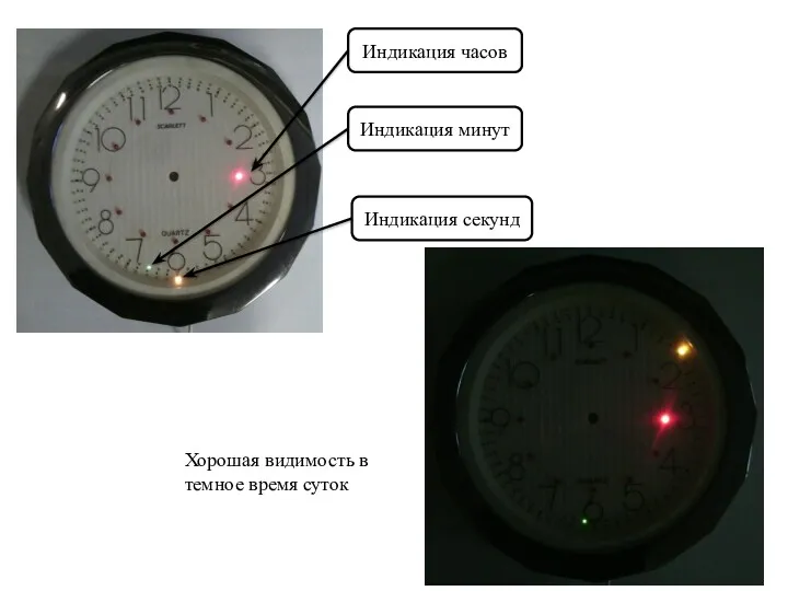 Индикация часов Хорошая видимость в темное время суток Индикация минут Индикация секунд