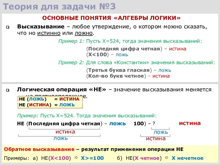 Теория для задачи №3 ОСНОВНЫЕ ПОНЯТИЯ «АЛГЕБРЫ ЛОГИКИ» Высказывание –