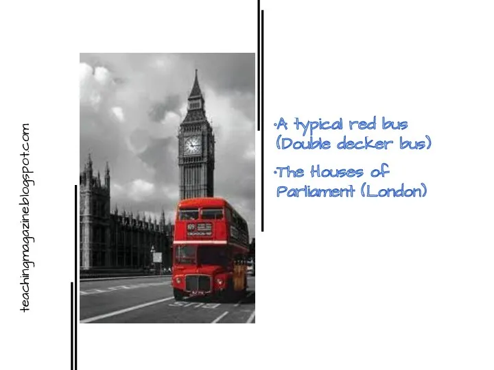 A typical red bus (Double decker bus) The Houses of Parliament (London)