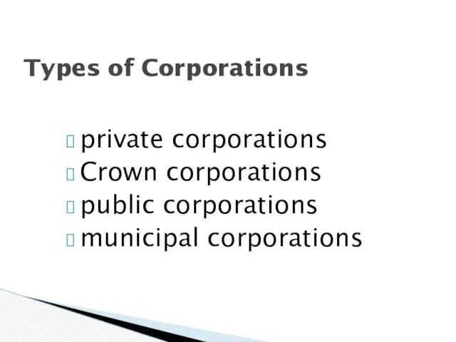 private corporations Crown corporations public corporations municipal corporations Types of Corporations