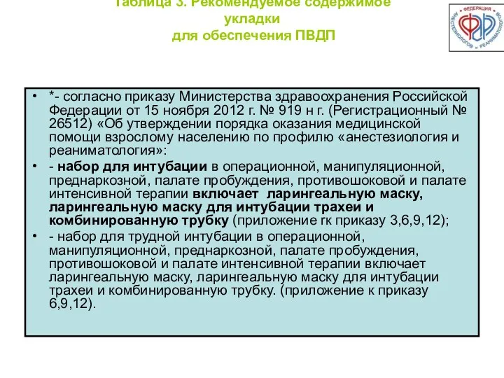 Таблица 3. Рекомендуемое содержимое укладки для обеспечения ПВДП *- согласно