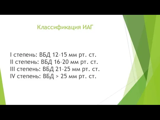 Классификация ИАГ I степень: ВБД 12–15 мм рт. ст. II степень: ВБД 16–20