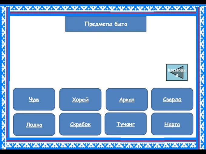 Предметы быта Категории Чум Лодка Нарта Аркан Тучанг Сверло Скребок Хорей