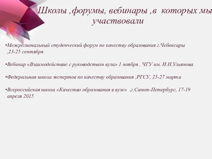 Школы ,форумы, вебинары ,в которых мы участвовали Межрегиональный студенческий форум