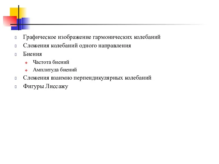 Графическое изображение гармонических колебаний Сложения колебаний одного направления Биения Частота