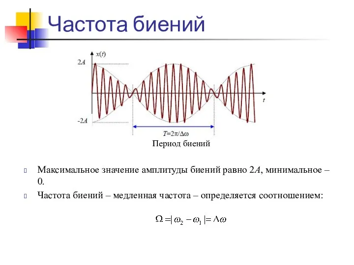 Частота биений Максимальное значение амплитуды биений равно 2А, минимальное – 0. Частота биений