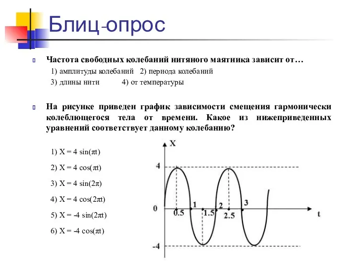Блиц-опрос Частота свободных колебаний нитяного маятника зависит от… 1) амплитуды колебаний 2) периода