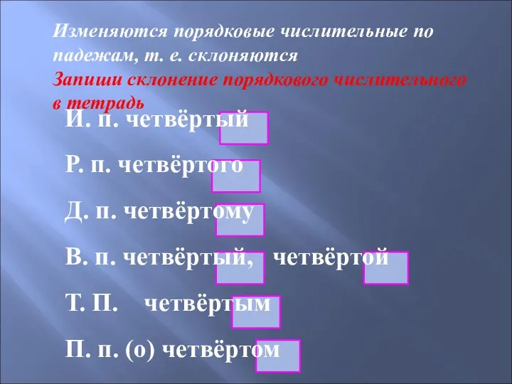 Изменяются порядковые числительные по падежам, т. е. склоняются Запиши склонение