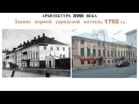 АРХИТЕКТУРА XVIII ВЕКА Здание первой городской аптеки. 1792 г.