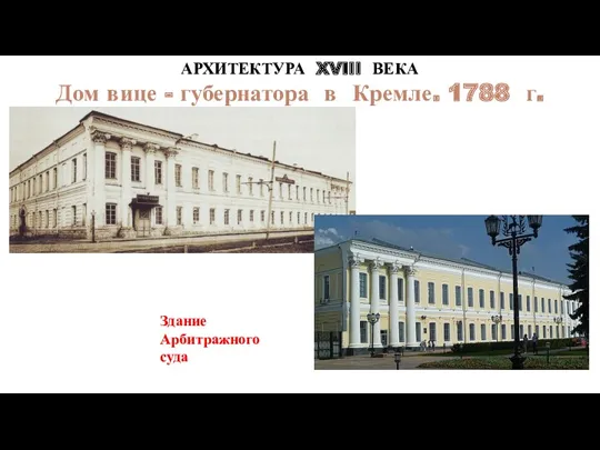 АРХИТЕКТУРА XVIII ВЕКА Дом вице - губернатора в Кремле. 1788 г. Здание Арбитражного суда