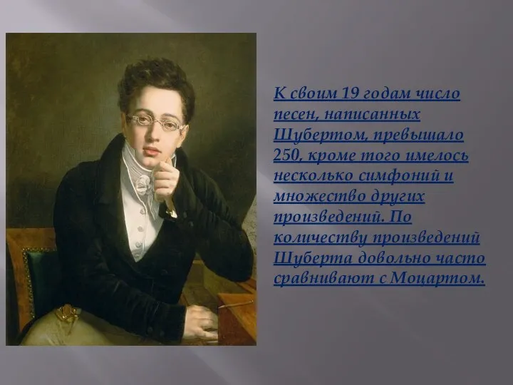 К своим 19 годам число песен, написанных Шубертом, превышало 250, кроме того имелось