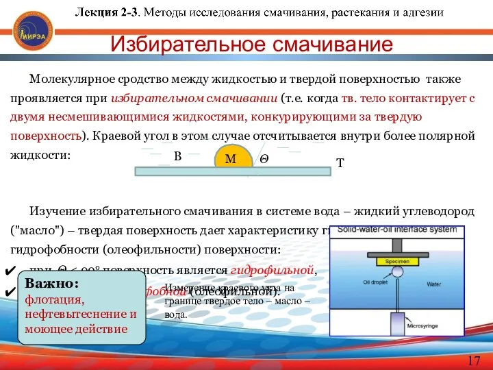 Избирательное смачивание Т Измерение краевого угла на границе твердое тело