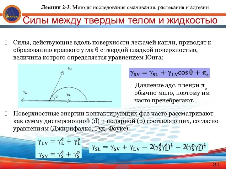 Силы между твердым телом и жидкостью Силы, действующие вдоль поверхности