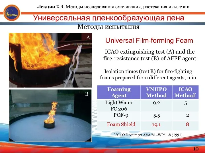 Universal Film-forming Foam A ICAO extinguishing test (A) and the