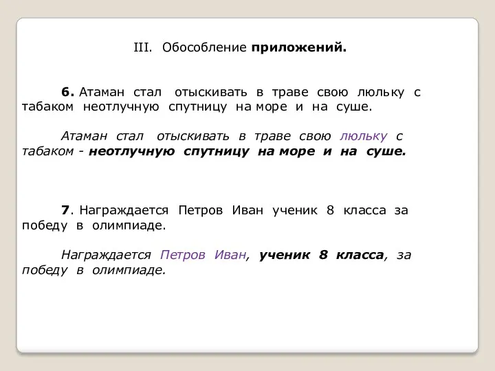 III. Обособление приложений. 6. Атаман стал отыскивать в траве свою