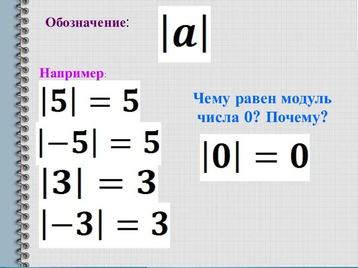 Обозначение: Например: Чему равен модуль числа 0? Почему?