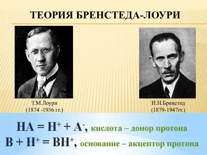 ТЕОРИЯ БРЕНСТЕДА-ЛОУРИ И.Н.Бренстед (1879-1947гг.) Т.М.Лоури (1874 -1936 гг.)