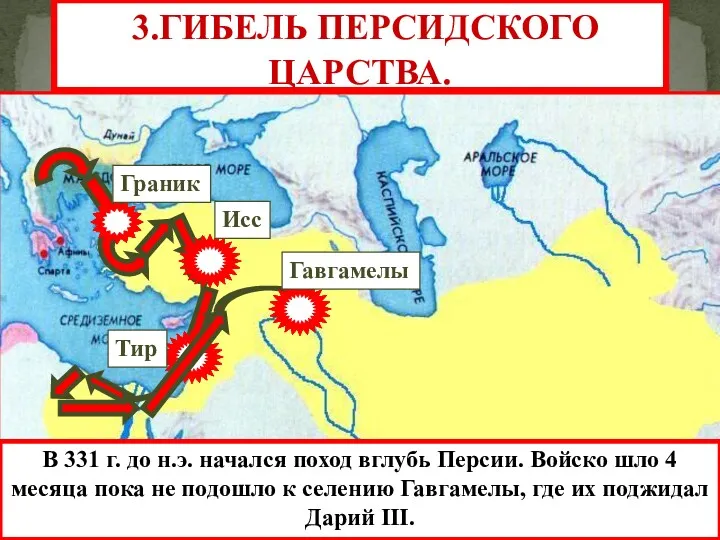 Тир Исс Граник 3.ГИБЕЛЬ ПЕРСИДСКОГО ЦАРСТВА. Гавгамелы В 331 г. до н.э. начался