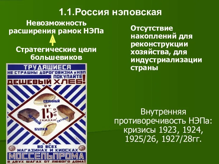 1.1.Россия нэповская Невозможность расширения рамок НЭПа Стратегические цели большевиков Отсутствие