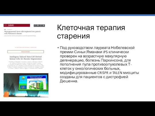 Клеточная терапия старения Под руководством лауреата Нобелевской премии Синьи Яманаки