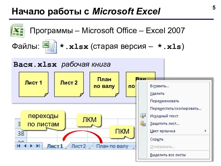 Начало работы с Microsoft Excel Программы – Microsoft Office – Excel 2007 Файлы: